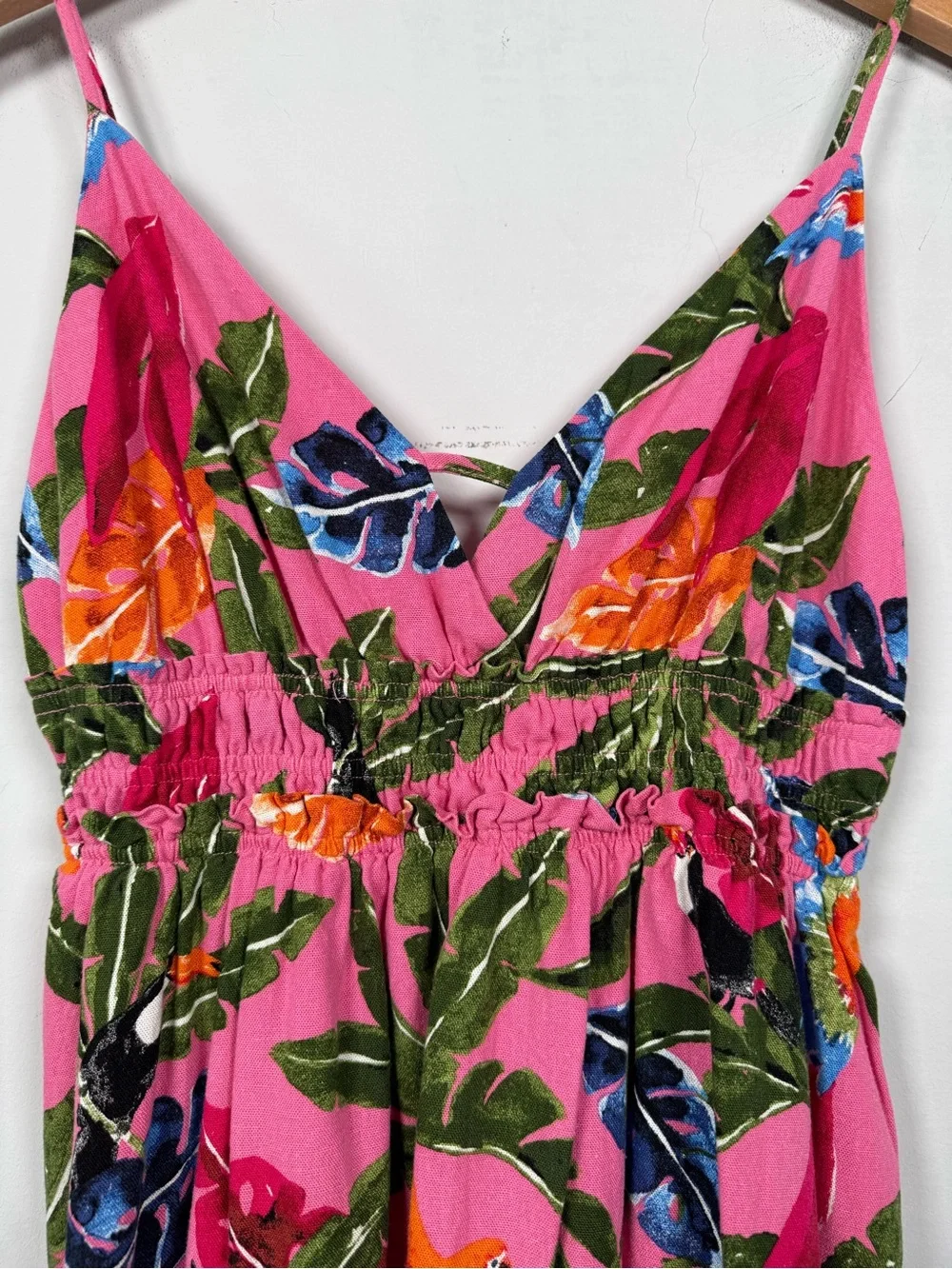 By The River Pink Tropical Palm Bird Print Midi Dress, Size L Great Condition